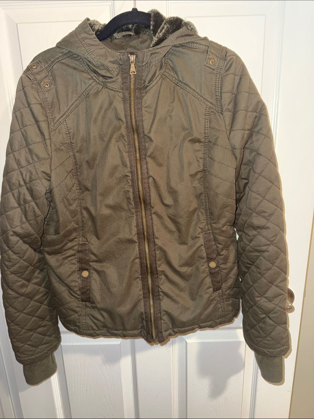 Express Olive Quilted Hooded Puffer Jacket